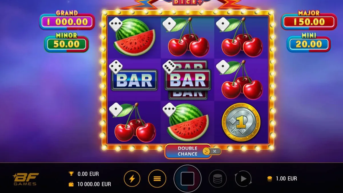 Interface do jogo Magnetic Coins Dice com símbolos brilhantes e moedas magnéticas