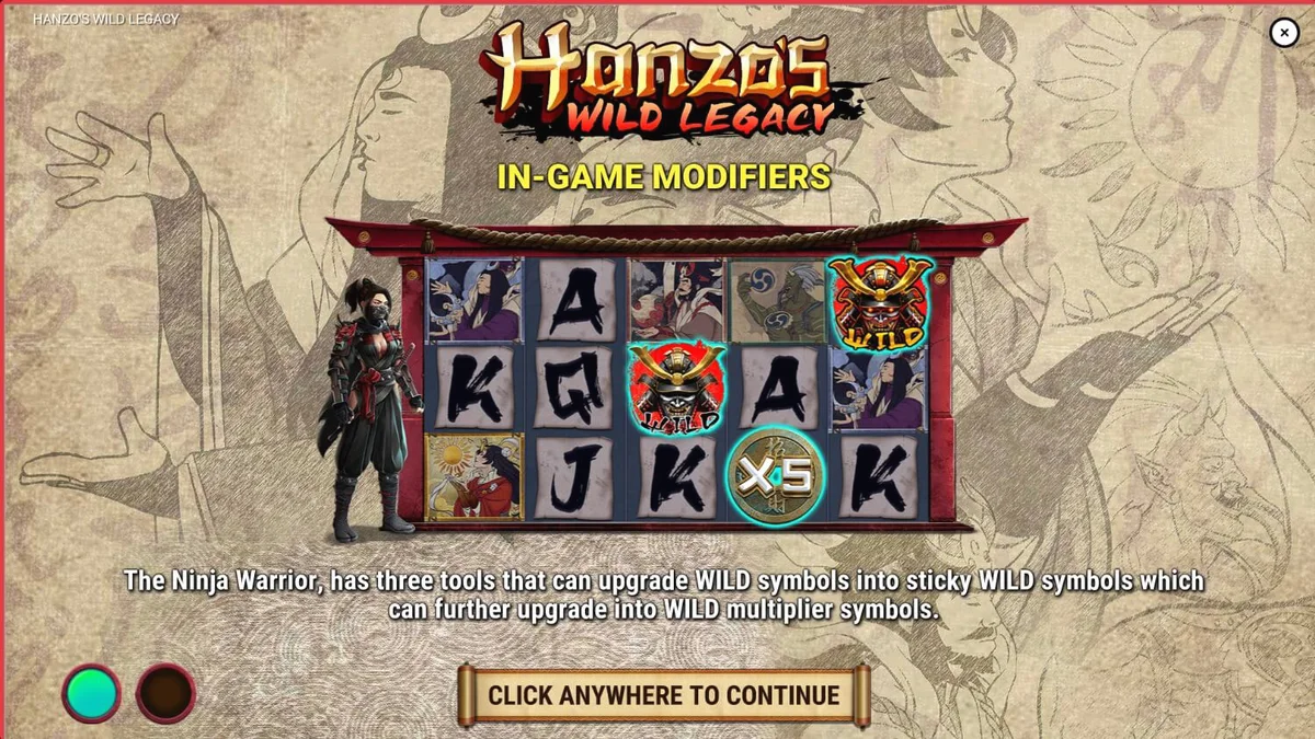 Interface do jogo Hanzo’s Wild Legacy com tema de ninja e Japão feudal
